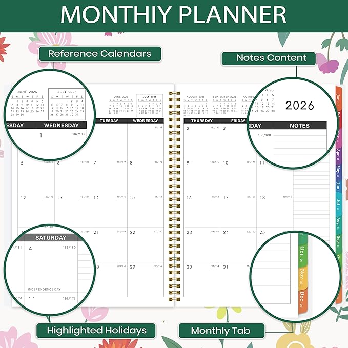 Monthly Planner 2026-2027 - Jul 2026 - Dec 2027, 18 Monthly Planner/Calendar 2026-2027, 9" x 11", 18 Months, Colorful Tabs, Back Pocket, Holidays, Twin-Wire Binding, Note Pages