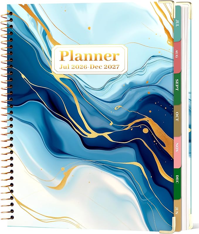 CAGIE Planner 2026-2027, 18 Month Weekly and Monthly Planner, Marble Design Calendar with Tabs, Jul 2026–Dec 2027, Large 8.5" x 11" A4 Hardcover Spiral Agenda Planner for Home, Work, School and Teacher (Blue）