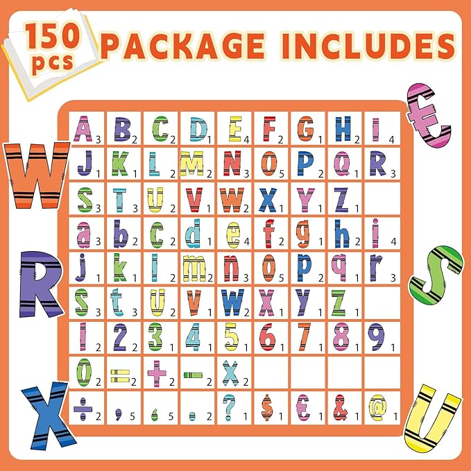 150Pcs Crayon Bulletin Board Letters Crayon Themed Classroom Decor Alphabet Combo Set Alphabets Numbers Symbols Paper Cutouts for Crayons Party School Classroom Blackboard Decoration Supplies