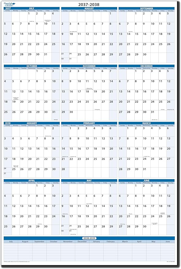 Fiscal/Academic Split Year July 2037 to June 2038 Vertical 12 Month Wall Calendar 36" x 24" - Dry & Wet Erasable with Next Year Planner Area. Complete with Fine tip Dry-erase Marker and Eraser