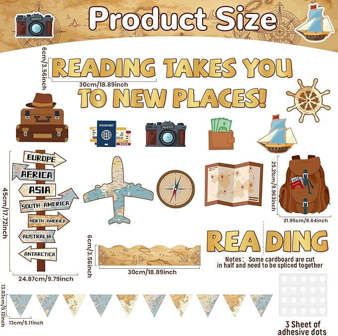 Travel The Map Reading Class Bulletin Board Set Adventure Classroom Decoration Back to School Reading Takes You to New Places Paper Cutouts for School Nursery Chalkboard Wall Door Decor Party Supplies