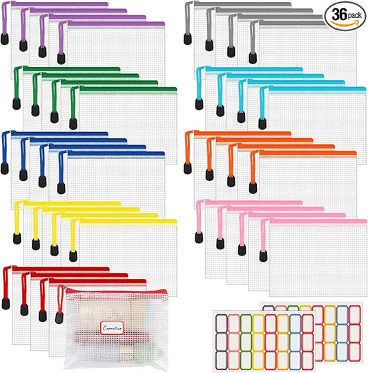 AOBOPLE 36pcs Mesh Zipper Pouch,4.9x6.3 inch Waterproof Zipper Bags with Colored Stickers 9 Colors Plastic Zippered Pouches Small Organizing Bags for Travel Storage and Office Supplies
