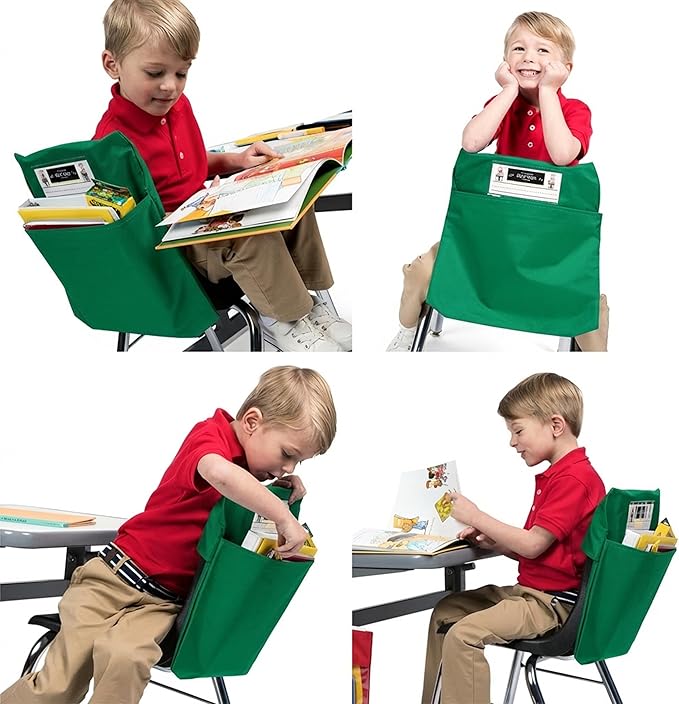 Seat Sack Elastic Student Chair Storage Pocket - Fits 12"–17" Chairs, Classroom Chair Organizer for Student Desks, Durable Stretch Over-the-Chair Storage, Green, 1-Pack