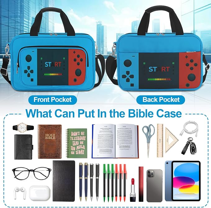 Gamer Large Bible Cover Case for Boys, Book Carrying Case with Strap Handle Zipper Pocket,Bible Protective Church Bag,Bible Study Supplies Journaling Kit,Bible Organizer Holder Bag,Christian Gift Blue