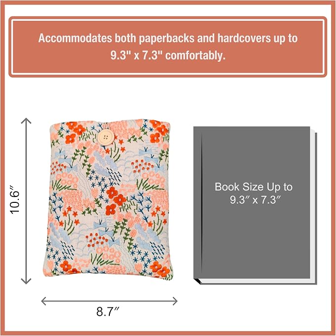 Floral Embroidered Canvas Book Sleeve - Elegant Book Cover, Padded Protector for Paperbacks & Hardcovers, Ideal for Book Lovers, Wooden Button (Meadow, Beige, Large)