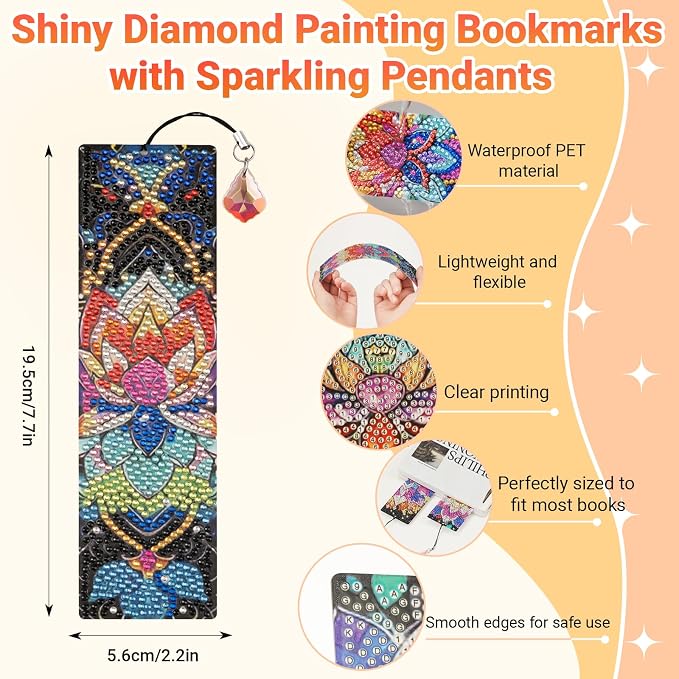 Diamond Art Bookmarks for Adults - 8 Pcs Mandala 5D Diamond Painting Bookmark Kits with Pendants and Making Accessories DIY Arts Craft Bookmarks for Book Lovers Beginner