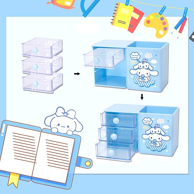 Roffatide Anime Desktop Drawer Desk Cartoon Office Supplies Container Pen Holder for Desk Cute Pencil Cup Pot Makeup Brush Holder Mini Box Blue