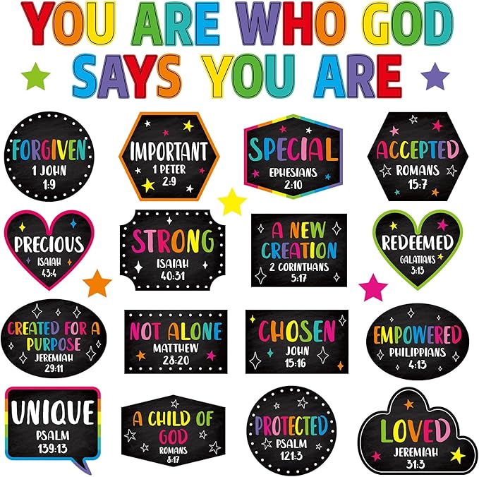 Qyeahkj Christian Bulletin Board Decorations God Says You Are Religious Classroom Wall Decor Colorful Motivational Quote Cutout Inspirational Bulletin Board Sets for Sunday School Home Church Supplies
