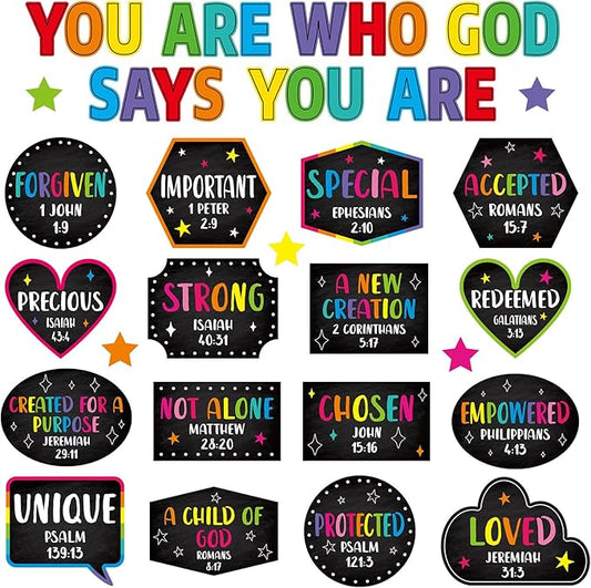 Qyeahkj Christian Bulletin Board Decorations God Says You Are Religious Classroom Wall Decor Colorful Motivational Quote Cutout Inspirational Bulletin Board Sets for Sunday School Home Church Supplies