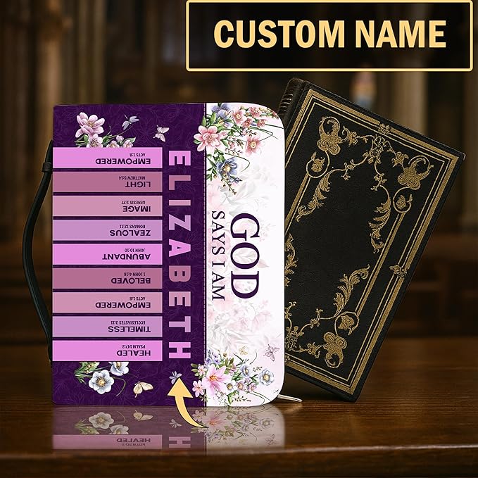 Personalized Man of God Bible Cover, God Says I Am Bible Case PU Leather, Bible Holder Handle Zipper, Faith Scripture with Name Case Bag, Religious Gifts for Church Christians Women Men (GOD-07)