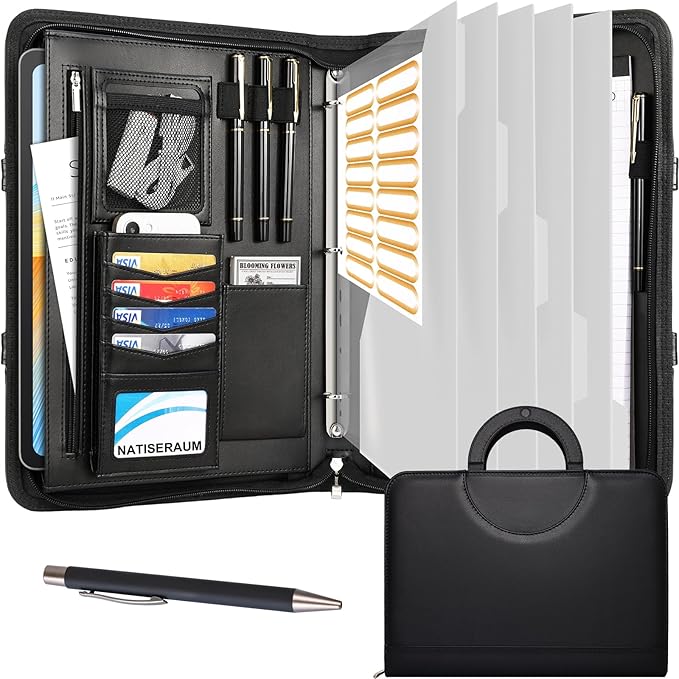 Portfolio Binder 3 Ring Includes Pen and 5 Dividers with 10 Pockets, Padfolio Organizer with Zipper for Men and Women, Includes A4 Notepad for Business, School, Work