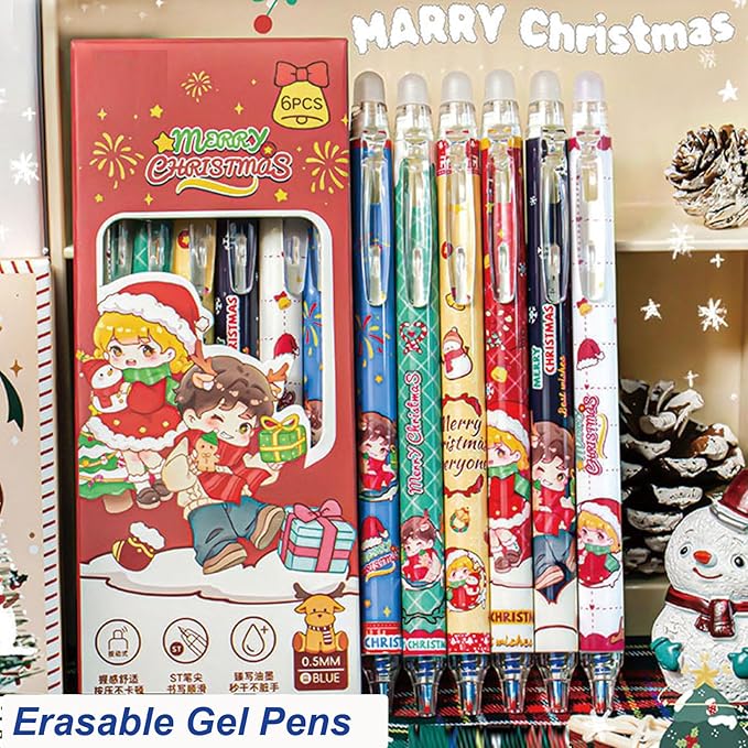 MOZXIRZ 6 Pcs Cute Christmas Erasable Pens Retractable Erasable Gel Ink Pen Cartoon Xmad Pens 0.5mm Blue Ink Pen Writing Pen Office School Pens Women Girls Boys (Blue Ink-Christmas)