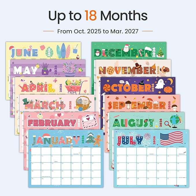 SUNEE 2026 Calendar, 18 Months 2026 Calendar Wall Hanging 2026 Calendar 11"x8.5", October 2025 to March 2027, for Organizing & Planning, Cute