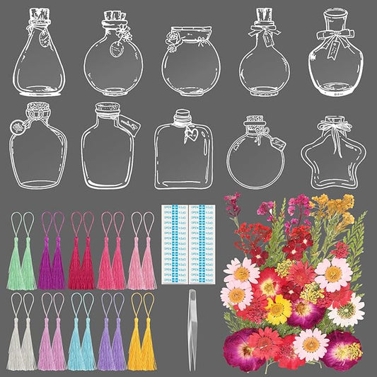 Bookmark Making Kit, Kaluofan 103PCS Transparent Dried Flower Bookmark Kit for School, Come with Dried Flowers Tassels and Tweezer