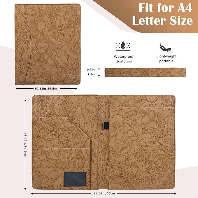 Free Engraved Name,Embossed Padfolio Portfolio PU Leather Binder,Interview Resume Folder,Business Card Holder, Organizer with A4 Legal Pads for Men Women(Light Brown,Custom)