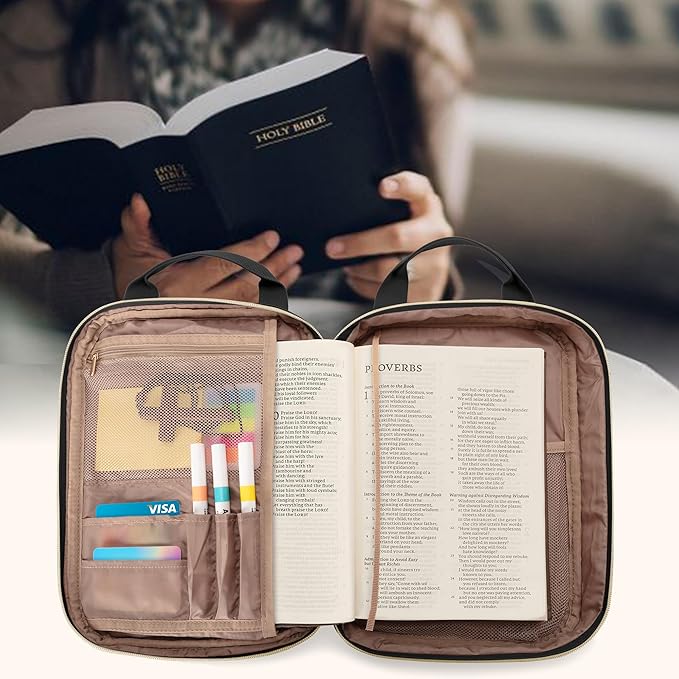 Teamoy Bible Cover Case for Women Men, Bible Book Cover Church Bag Carrying Case with Shoulder Strap, Black Quilted