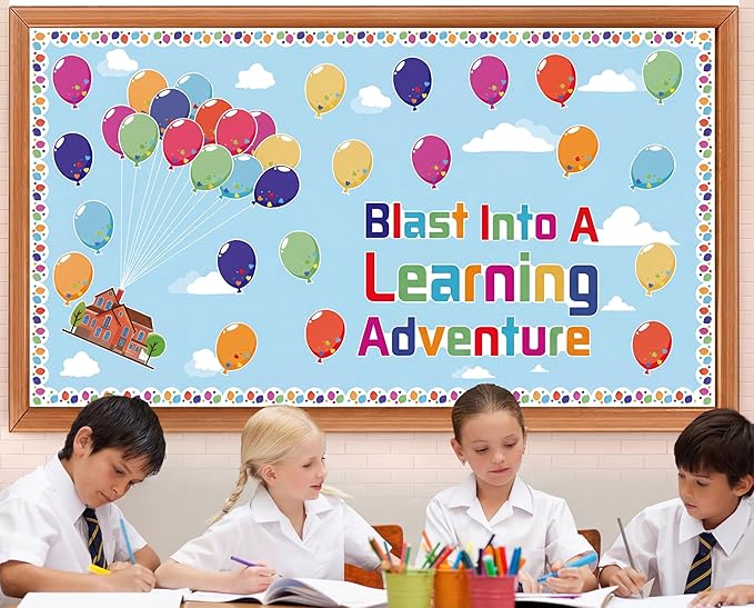 Colorful Balloons Bulletin Board Set – Adventure Balloons Mix Balloon Borders & Cutouts – Party Classroom Door Decor for Welcome Bulletin Boards, School Crafts & Home Wall Displays