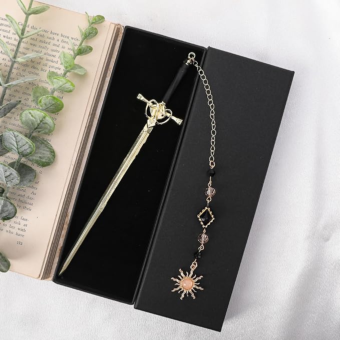 Fantasy Celestial Sword Bookmark - Funny Tarot Metal Book Marks for Women Men Students Teachers Reader Page Mark with Crystal Beads Sun CharmReading Lovers Birthday Gifts School Accessories
