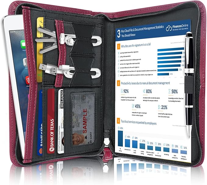 Godery Mini Leather Zippered Padfolio Portfolio Binder 5 x 8 Legal Writing Pad, Professional Business Portfolio for Men & Women, Card Holder, Notepad Clipboard Holder, Red