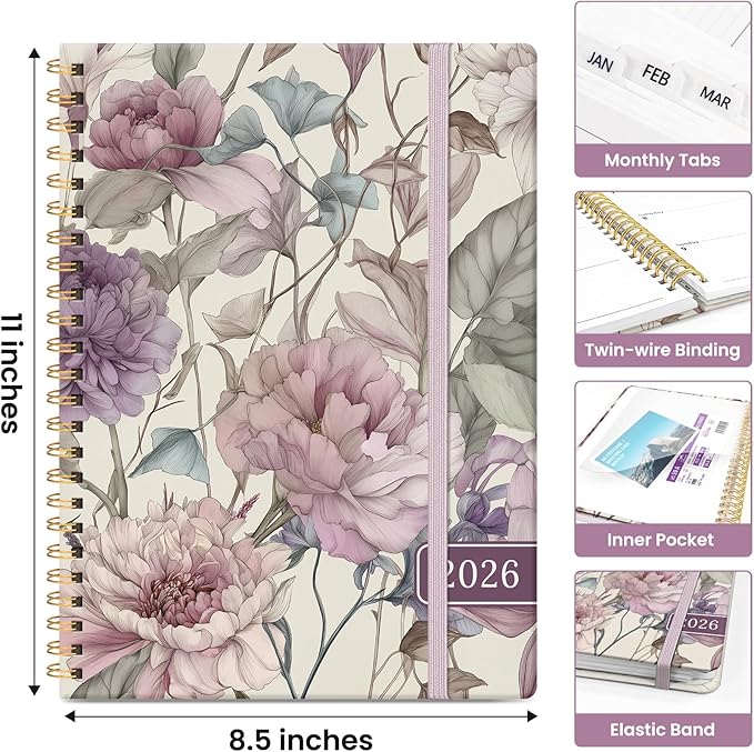 2026 Planner, Weekly and Monthly Calendar Planner for Women, Jan 2026 - Dec 2026, Hardcover Planning Agenda book with Tabs, Spiral Bound, Inner Pocket, Perfect for School Office Supplies, 8.5" x 11" - Soft Peony