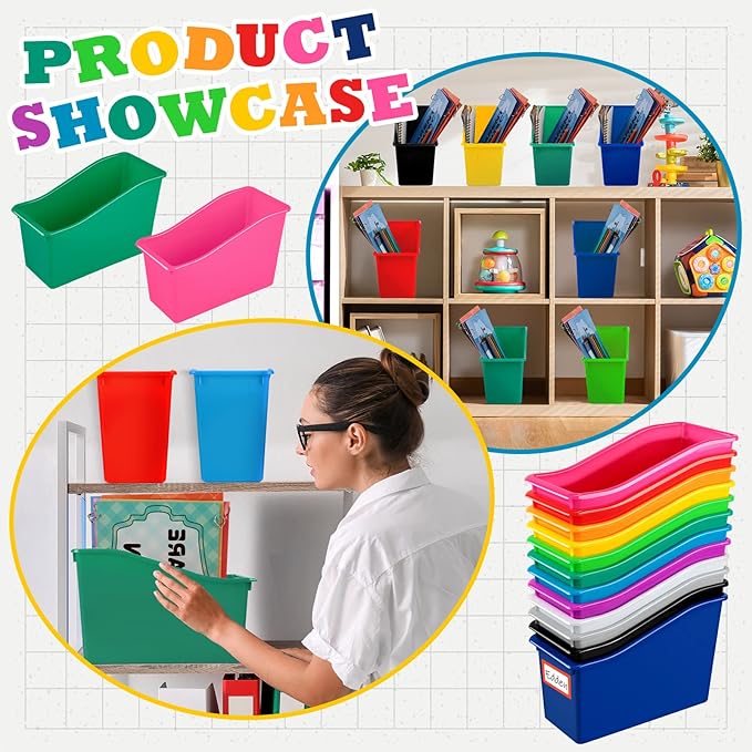 Jinei 24 Pack Multicolor Book Bins for Classroom Decor Bulk Plastic Bins with Name Labels Assorted Color Organization Book Bin Baskets Teacher Storage Boxes for Classroom Office