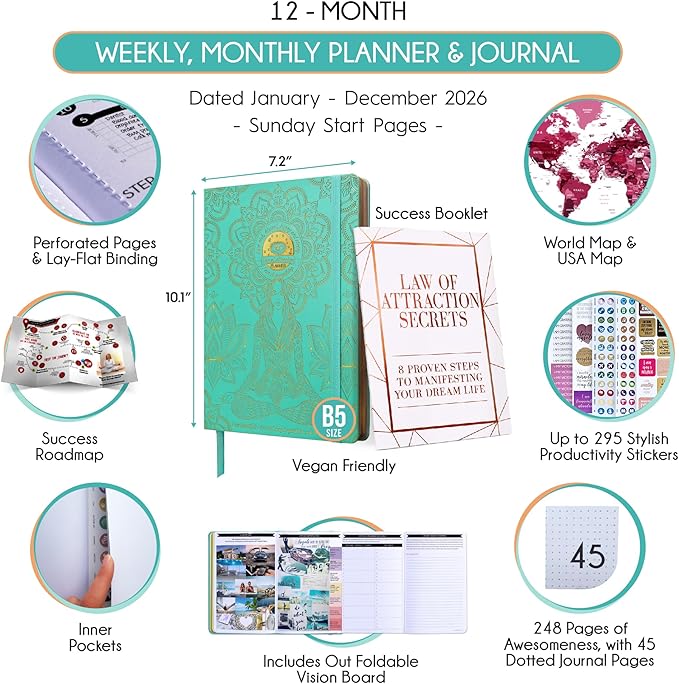 Deluxe 2026 Planner Weekly and Monthly | Law of Attraction Planner with Productivity App | 12-Month for Productivity, Gratitude & Goal Setting | Includes Foldable Vision Board, Gift Box & Stickers