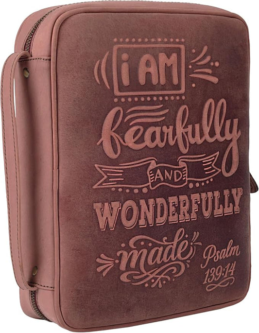 LEATHER VILLAGE Handmade Vintage Genuine Leather Embossed Bible Cover for Men & Women - Large Protective Bible Case & Organizer for Church, Travel & Study Christian Religious Antique Bookmark-Fuchsia