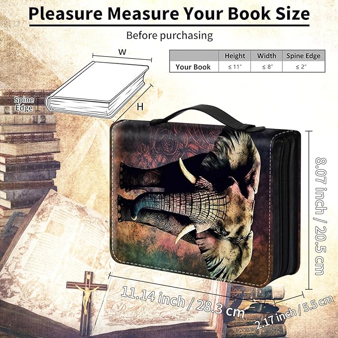 Bible Cover for Men Women,Large Leather Bible Case Fit Book Up to 11x8x2 Inch,Elephant Art Bible Covers Bible Study Carrier Church Bags w/Handle & Zipper