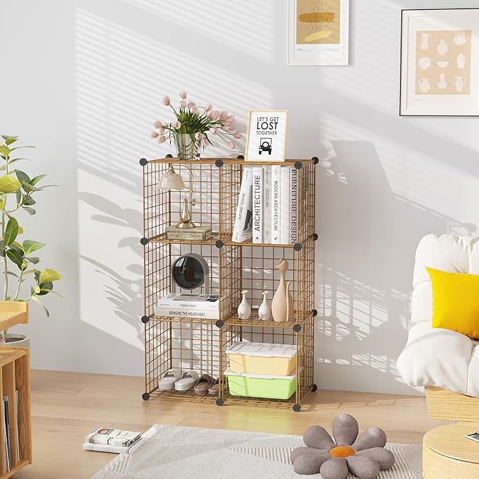 C&AHOME Wire Cube Storage, 6 - Cube Organizer Metal C Grids, Modular Shelves Units, Closet Organizer, Ideal for Home, Office, Living Room, 36.6”L x 12.4”W 36.6”H, Brown UWCS3006R