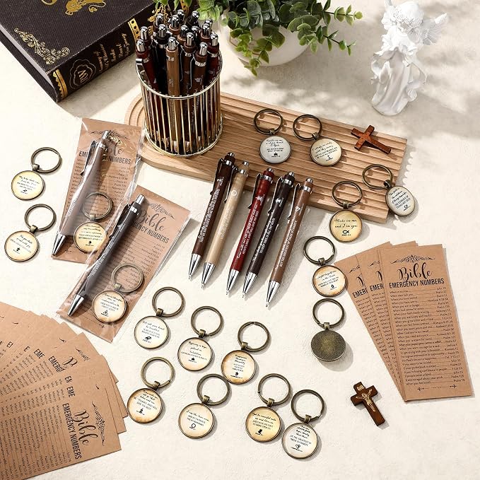 Dunzoom 25set 75pcs Fathers Day Christian Gift Emergency Numbers Bookmark Bible Verse Pen Religious Scripture Keychain for Women Men Coworker Church Prayer Baptism Souvenir Study Group(Elegant Color)