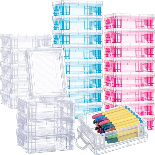 Suzile 25 Pcs Plastic Crayon Boxes with Snap Lids Crayon Storage Organizer Stackable Container Bulk Pencil Case for Pen Crafts Classroom Supplies(Colorful)