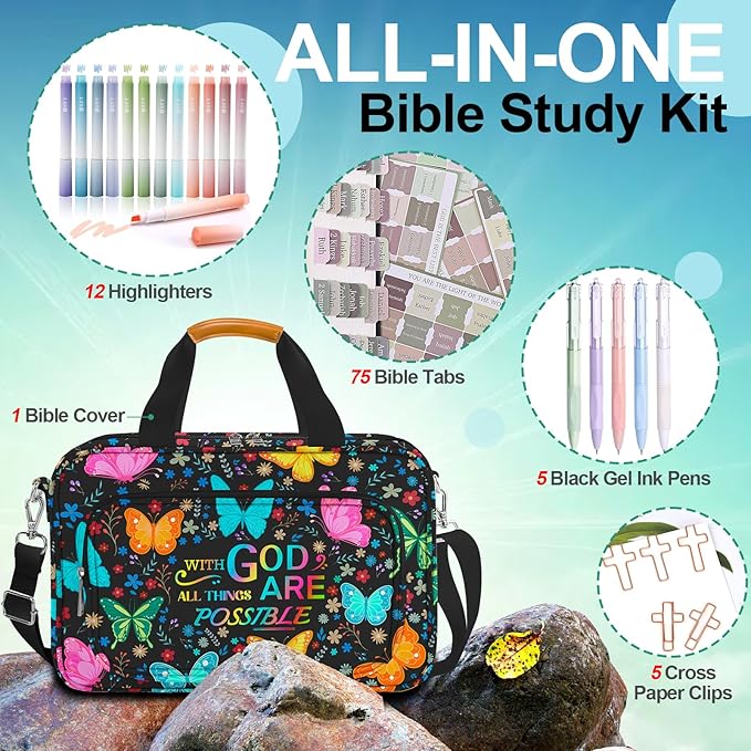 Bible Cover for Women,Bible Carrying Case,Large Bible Bag for Woman Organizer,Butterfly Bible Holder,With God All Things Are Possible,Bible Study Supplie Kit With Highlighters,Tabs,Pens,Christian Gift