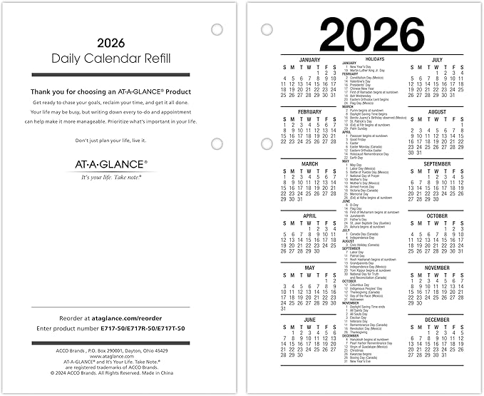 AT-A-GLANCE 2026 Desk Calendar Refill, Daily, 3.5" x 6", Standard, Loose-Leaf (E7175026)