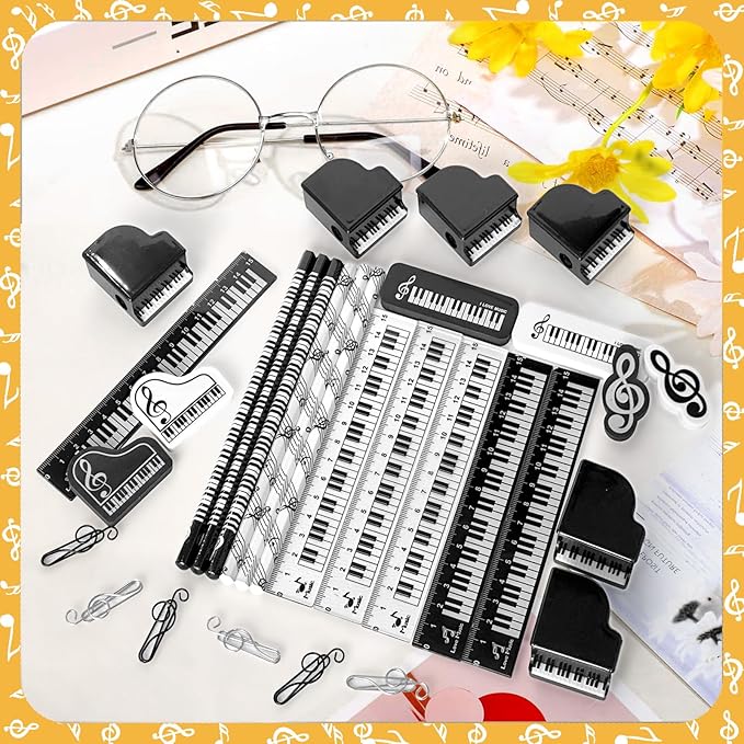 30 Pcs Music Pencil Stationery Set Back to School Gift Piano Prizes Music Note Pencil Paper Clips Rulers Piano Pencil Sharpeners Erasers Music Themed Gifts for Classroom First Day of School
