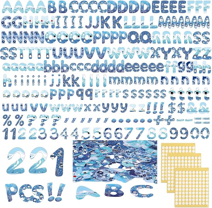 221 Pcs Winter Bulletin Board Letters Blue Round Alphabet Number Punctuation Symbol Combo Letter Cutouts Snowflake Classroom Decoration for Winter School Chalkboard Poster Board