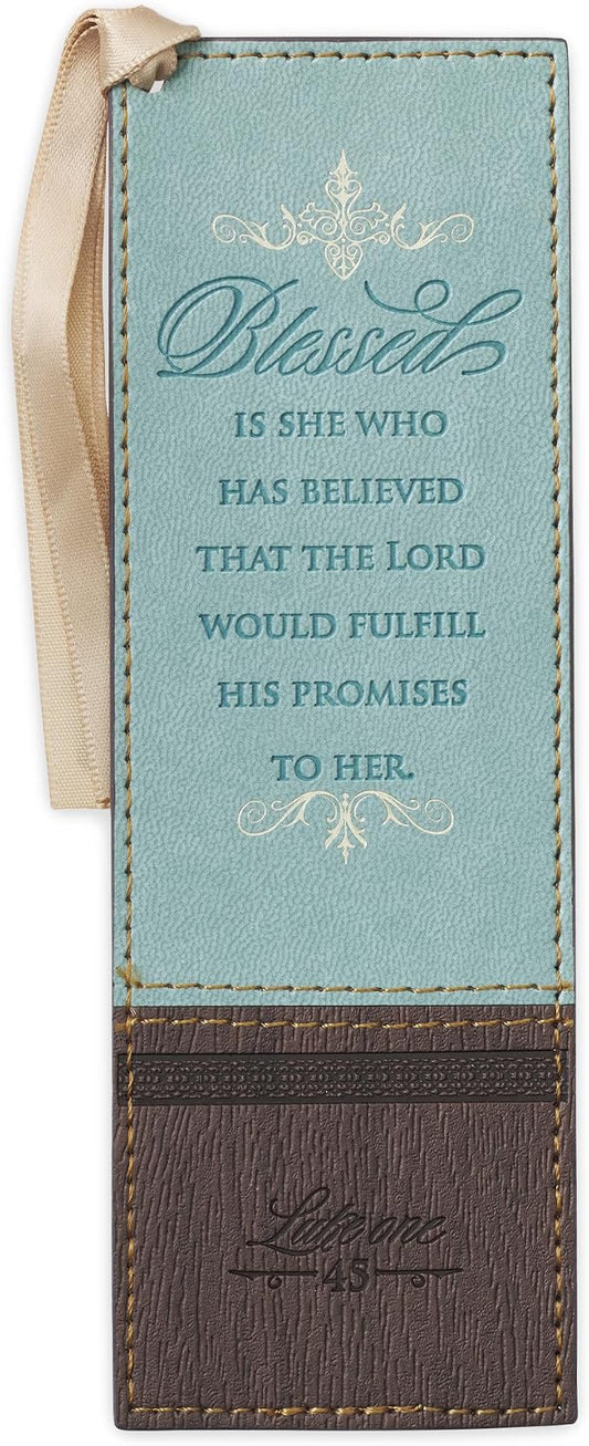 Christian Art Gifts Vegan Faux Leather Scripture Bookmark for Women: Blessed is She - Luke 1:45 Inspirational Bible Verse Heat-Debossed, Faith-Based Reading Book Accessory w/Ribbon Satin Tassel, Blue