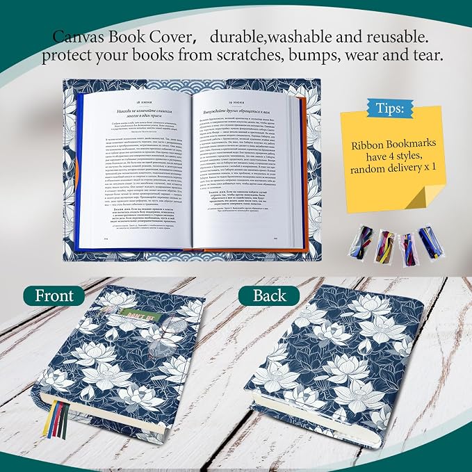Book Cover Protector for Paperback,Adjustable Soft Canvas Fabric Book Cover with Pocket Bookmark,Double Side Print Book Dust Jacket Covers for Hardcover Book Lovers Gift Lotus Flower L