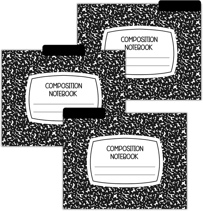 JarThenaAMCS 12 Pcs Composition Notebook File Folders Black White Decorative File Pockets for Filing Cabinet Back to School Supplies, 8.5 x 11 Inch