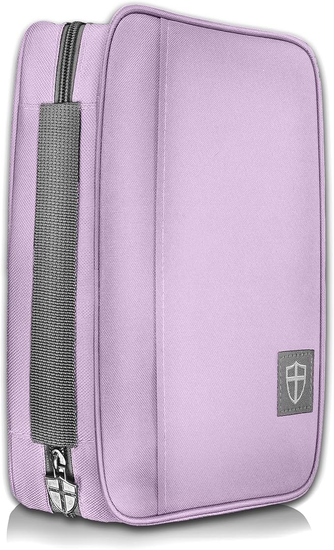 Armor of God Bible Cover & Book Cover | Oxford Cloth with Handle & Cross Emblem Zipper-Pull | 4 Pen Loops Inside Cover | Outside Pocket | Black & Lavender | Large & XL