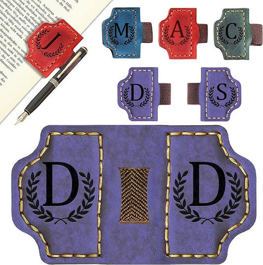 Custom Magnetic Bookmarks with Pen Holder, Personalized 26 Letters Name Initial Leather Bookmark, Leather Book Mark for Men Women Teachers, Readers Book Lovers Gifts (Purple, D)