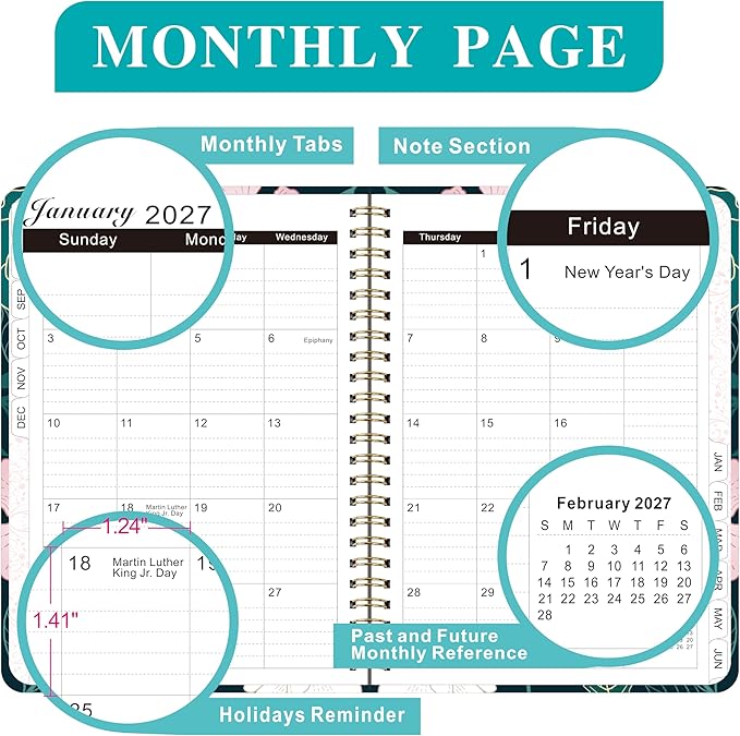 Planner 2026-2027,Agenda 2026 2027, July 2026 to June 2027 Monthly Weekly Calendar Planner with Month Tabs, 6.1" x 8.5" Hardcover Spiral Bound Cover for Daytimer Schedule Work School(B01)