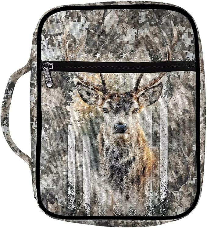 Suobstales Deer Hunting Camo Print Bible Covers for Women Men American Flag Design Lightweight Bible Bag Bible Accessories with Handle and Zippered Pocket Bible Tote Bag for Kids