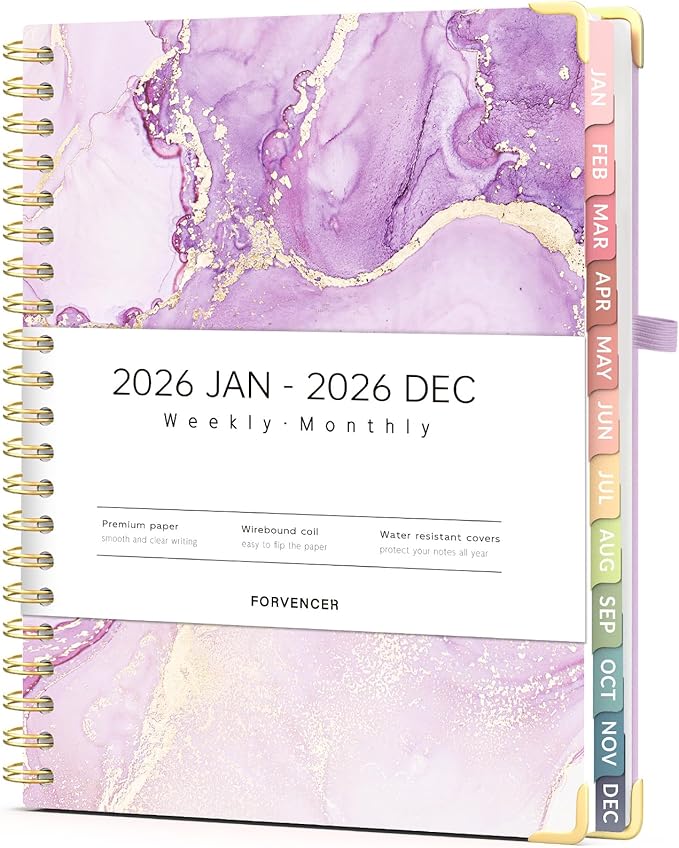 Forvencer 2026 Planner, Weekly and Monthly Calendar Planner for Women, Jan 2026 - Dec 2026, 8.5" x 11", Hardcover Planning Agenda book with Monthly Tabs, Spiral Bound, Inner Pocket, Cute Journal Organizer Notebook for Office School, A4 Size, Light Purple