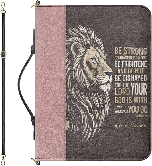 Custom Bible Case with Name, Personalized Bible Cover with Strap and Handle, Lion Print Joshua 1:9 Biblia Holder with Inner Pockets and Pen Loop, Church Bags for Women, 2XL