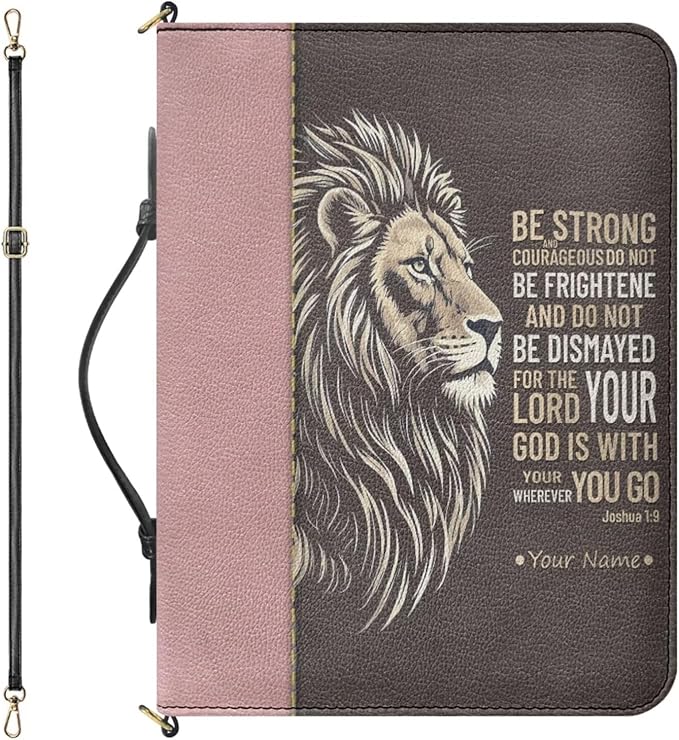 Custom Bible Covers with Name, Personalized Bible Case with Strap and Handle, Lion Print Joshua 1:9 Biblia Protecto with Inner Pockets and Pen Loop, Christian Gifts for Women, Large