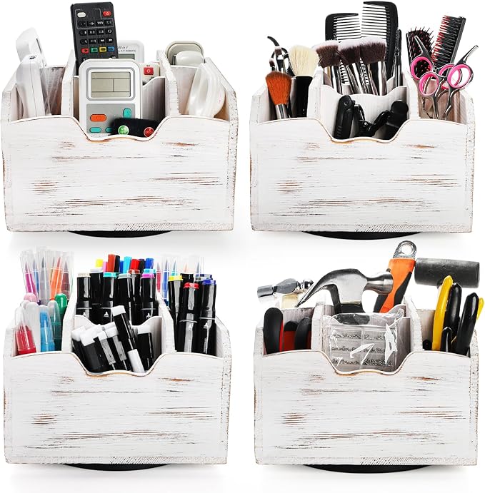 yarlung Vintage Rotating Remote Control Holder, Shabby Chic White Wooden Office Supplies Organizer 7 Compartments, 360° Rotation Multipurpose Storage Caddy for Pens, Art Supplies, TV Media