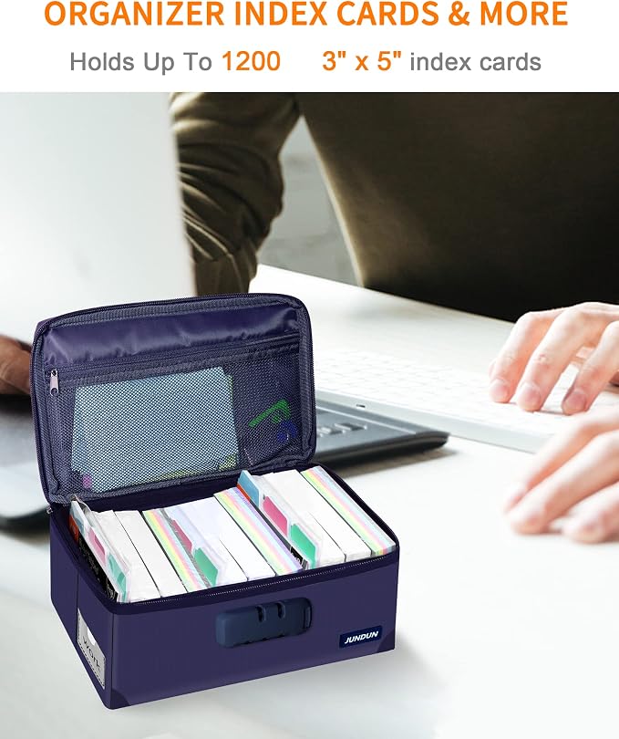 JUNDUN Index Card Holder with Lock,Collapsible Fireproof Index Card Box fits 1200 3x5-Inch Flash Cards - Business, Recipe, or Note Card Storage Boxes - Blue