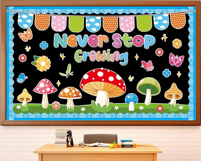 Spring Bulletin Board Set Never Stop Growing Cutouts Spring Party Classroom Decoration Starry Mushroom Bulletin Board Mushrooms Butterflies Flowers Cutouts for School Classroom Chalkboard Wall Decor