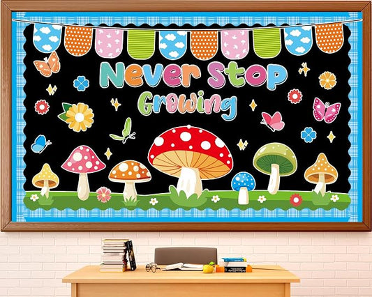 Summer Bulletin Board Set Never Stop Growing Cutouts Summer Party Classroom Decoration Starry Mushroom Bulletin Board Mushrooms Butterflies Flowers Cutouts for School Classroom Chalkboard Wall Decor