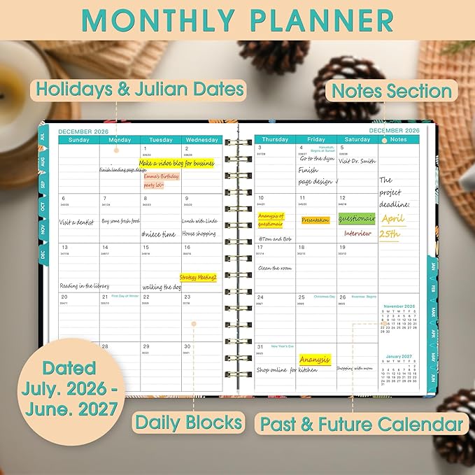Planner 2026-2027, Academic Year Planner - Daily, Weekly & Monthly Calendar, Jul 2026 - Jun 2027, 6.3" x 8.5", Spiral Notebook with Tabs, Stickers & Inner Pocket, Ideal for School, Office, Home